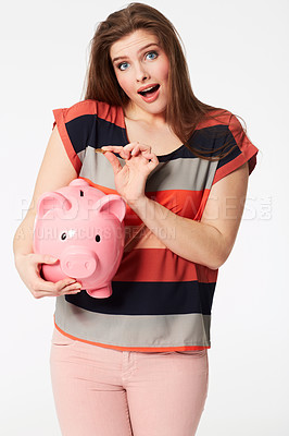 Buy stock photo Piggy back, savings and portrait of woman with surprise or shock in white background of studio with coin. Wow, money or person with excited reaction to cash, investing or crazy deal and shocked emoji