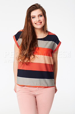 Buy stock photo Happy woman, portrait and beauty in stylish fashion. clothing or makeup cosmetics against a white studio background. Attractive young female person or model smile with stripped t shirt on mockup