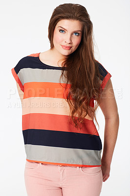 Buy stock photo Happy woman, portrait and fashion in beauty or makeup against a white studio background. Face of attractive young female person or model smile with stripped t shirt and stylish clothing on mockup