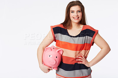 Buy stock photo Portrait, finance and woman with piggy bank in studio for savings, payment our budget on white background. Money, box or face of person with cash container for investment or future financial freedom 