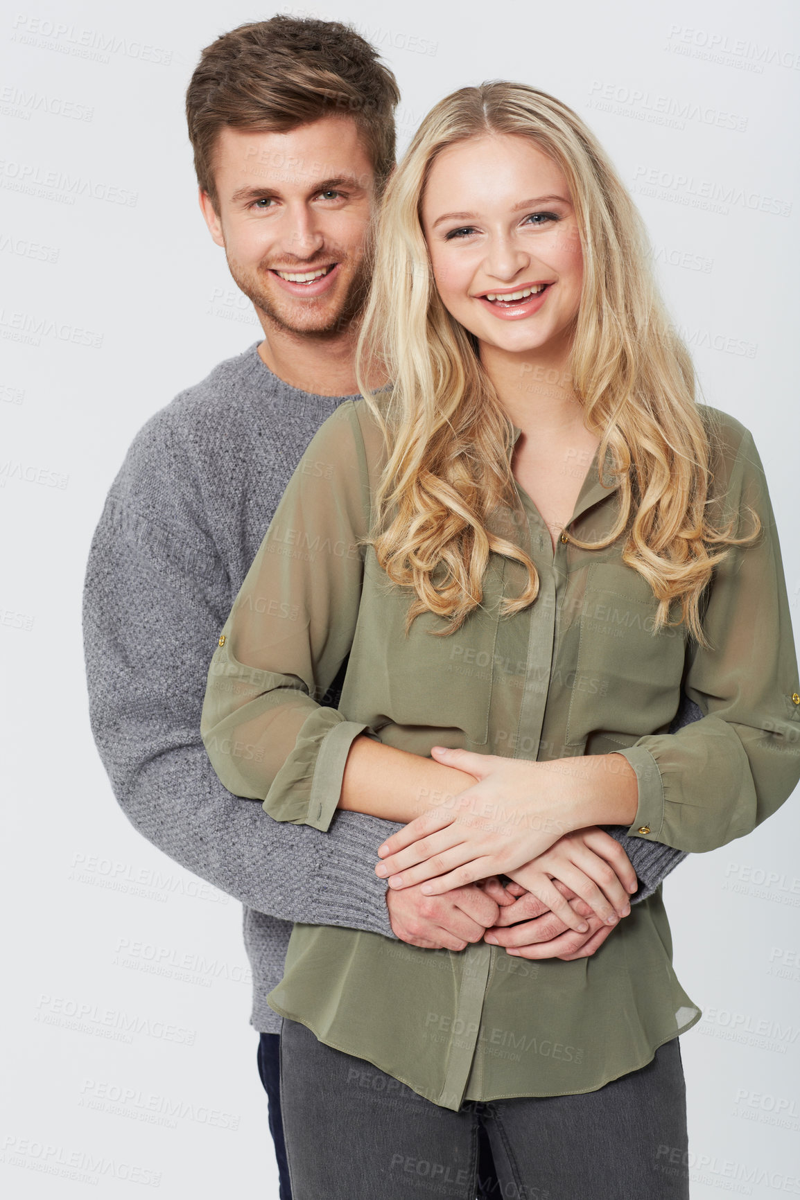 Buy stock photo Portrait, smile and couple together, love or care in healthy relationship isolated on a white studio background. Happy man, woman or partners embrace in connection, support or funny laugh for bonding