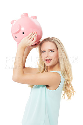 Buy stock photo Woman, piggy bank and finance or surprised in studio with cash investment, financial growth or wealth. Person, money box and budget or banking for increase or income on white background with smile