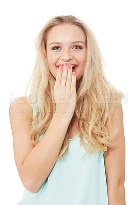 Buy stock photo A pretty young woman giggling while isolated on a white background