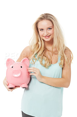 Buy stock photo Woman, piggy bank and finance or happy in studio with cash investment, financial growth or portrait. Person, money box and budget or banking for increase or income on white background with smile