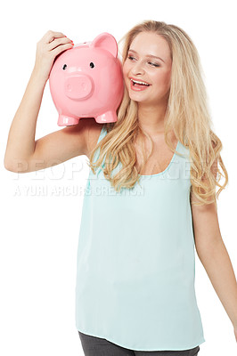 Buy stock photo Happy, piggy bank and woman on a white background for money, savings and investment in studio. Finance mockup, cash container and excited isolated person smile for budget, investment and profit