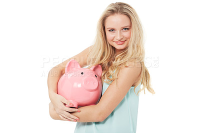 Buy stock photo Woman, piggy bank and finance or smile in studio with cash investment, financial growth or wealth. Person, money box and budget or banking for increase or income on white background with happiness