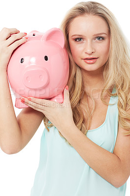 Buy stock photo Woman, piggy bank and finance or portrait in studio with cash investment, financial growth or wealth. Person, money box and budget or banking for increase or income on white background with smile