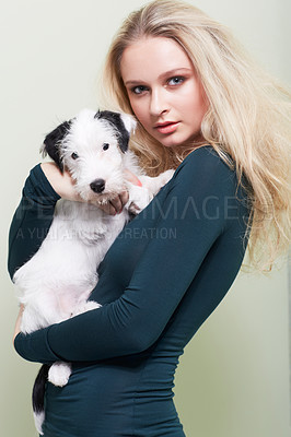 Buy stock photo Portrait of a gorgeous young woman holding her adorable dog