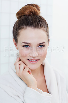 Buy stock photo A gorgeous teenage girl in the the bathroom
