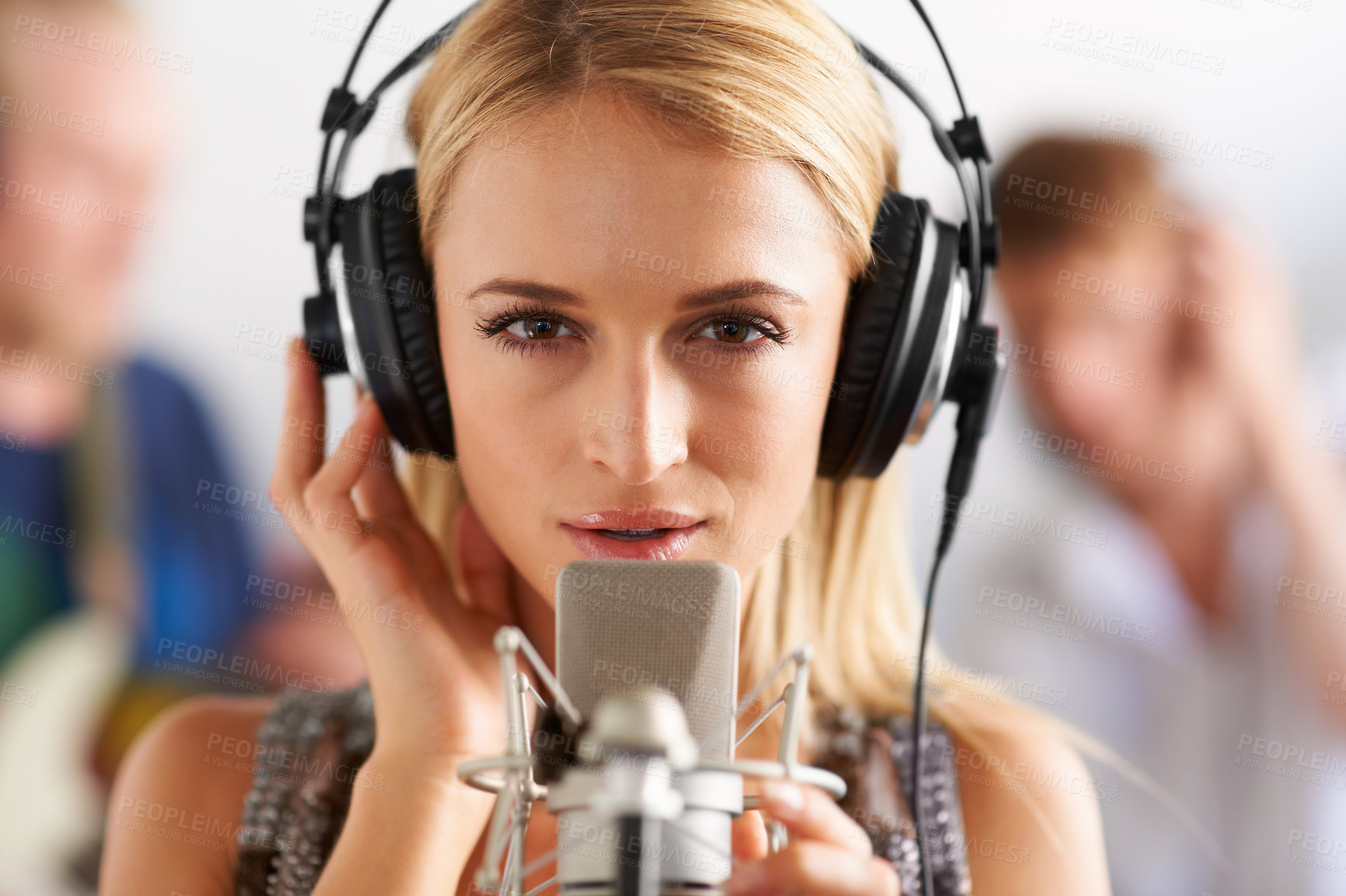 Buy stock photo Music studio, portrait and woman with microphone, headphones and band performance with talent. Singing, art and face of girl musician live streaming voice for record label, sound and audio broadcast.