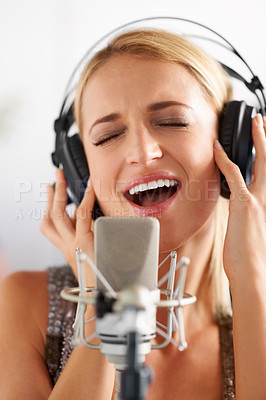 Buy stock photo Music studio, singing and woman with microphone, headphones and band performance with talent. Voice, art and face of girl musician live streaming for record label, sound broadcast and audio singer.