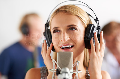 Buy stock photo Music, art and woman with microphone, headphones and band performance with talent. Recording studio, singing and happy girl musician live streaming voice for record label, sound and audio broadcast.