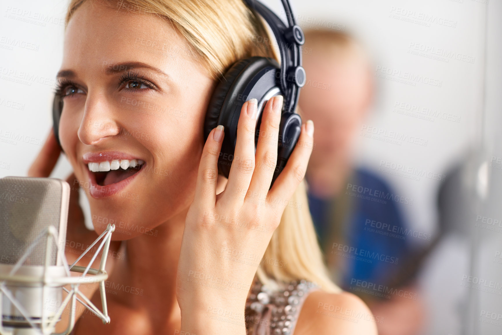 Buy stock photo Music studio, singer and woman with microphone, headphones and band performance with talent. Recording, singing and happy girl musician live streaming voice for record label, sound or audio broadcast