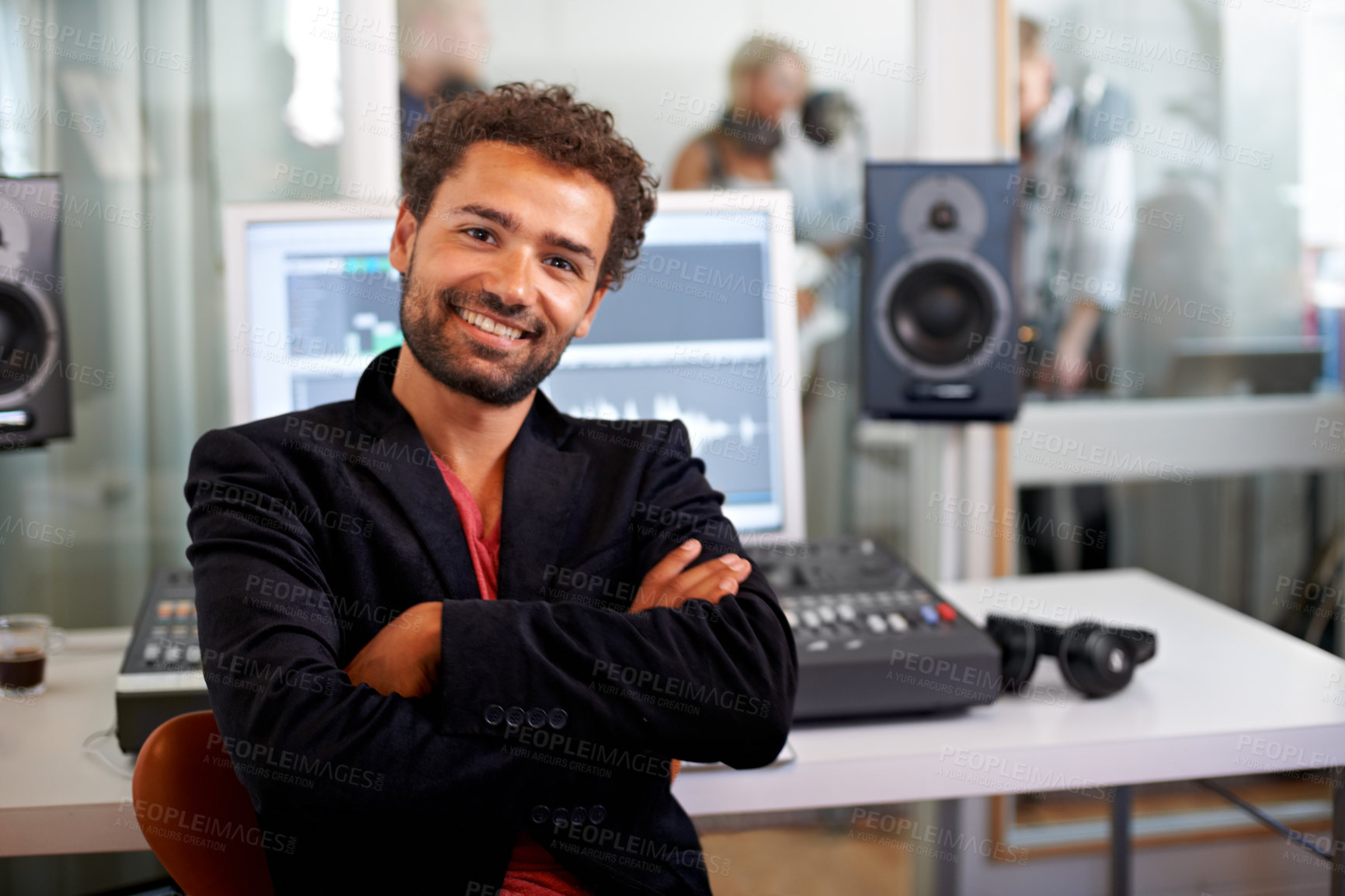 Buy stock photo DJ, arms crossed and recording studio portrait with a man and music producer with tech and computer. Sound engineer, audio technician and media with a professional in industry with synthesizer