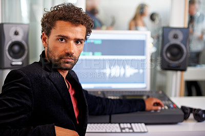 Buy stock photo Audio engineer man, portrait and computer with mixer, press and creative in recording studio for music. Musician, artist and producer with sound tech for analysis, pride and entertainment industry