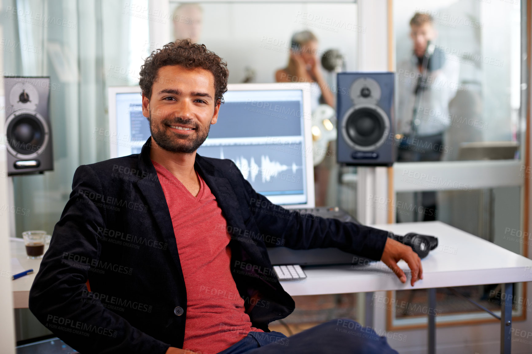 Buy stock photo DJ, happy musician and recording studio portrait with a man and music producer with tech and computer. Engineer, audio technician and media with a professional in sound booth with synthesizer