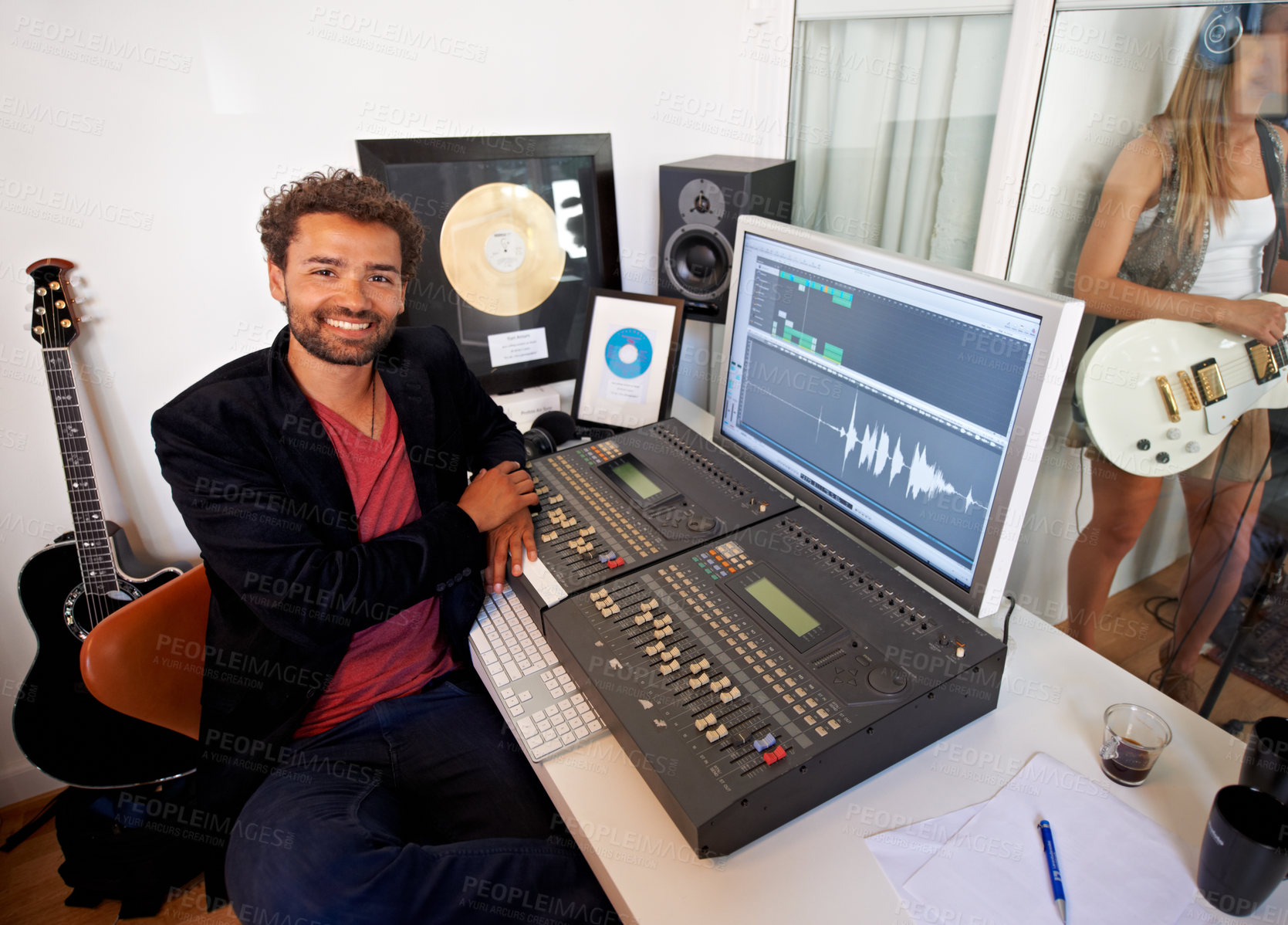 Buy stock photo DJ, sound engineer and recording studio portrait with a man and music producer with tech and computer. Happy, audio technician and media editor with a professional in sound booth with synthesizer