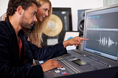 Buy stock photo Sound engineer, DJ and recording studio monitoring on music, radio and audio with tech and staff. Producer, media edit and professional employee with synthesizer and happy from podcast industry 