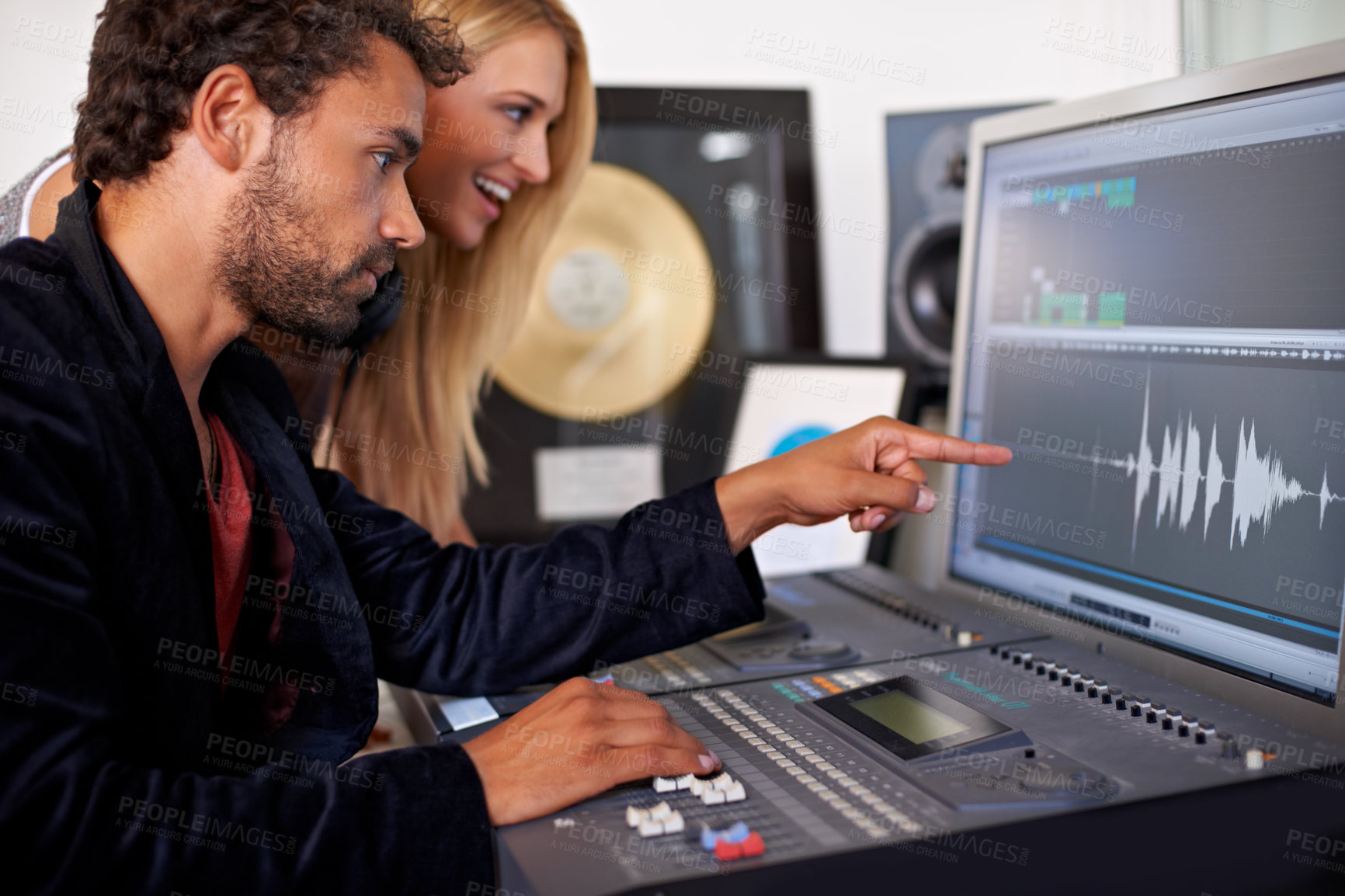 Buy stock photo Sound engineer, DJ and recording studio monitoring on music, radio and audio with tech and staff. Producer, media edit and professional employee with synthesizer and happy from podcast industry 