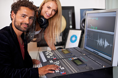 Buy stock photo DJ, musician team and recording studio portrait with a man and music producer with tech and computer. Sound engineer, audio technician and media with professional in booth with synthesizer and artist