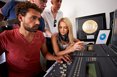 Buy stock photo Sound engineer, DJ group and recording studio working on music, radio and audio with tech and staff. Producer, media edit and professional employee with synthesizer and artist from podcast industry 