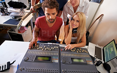 Buy stock photo Recording studio, music and people with producer for song, track and audio with musical instruments. Technology, digital podcast and men and women with sound engineer or technician to record media