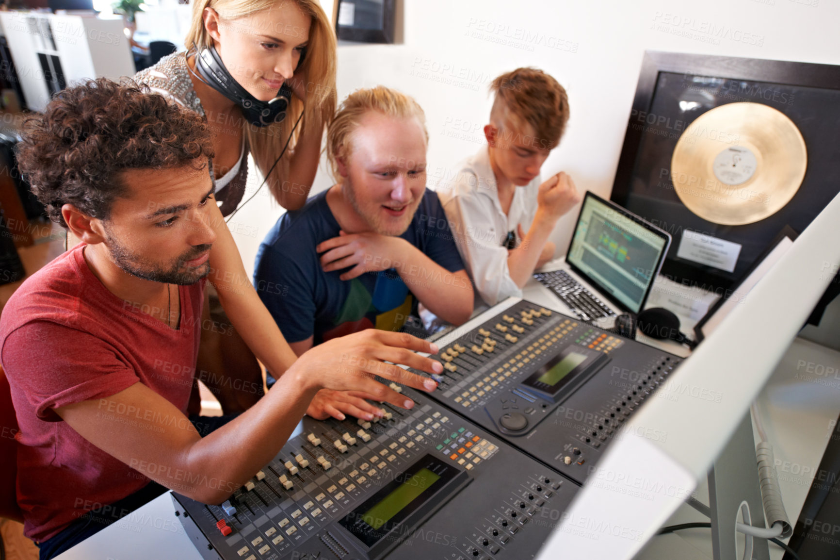 Buy stock photo Recording studio, music and producer for band song, track and audio with musical instruments. Technology, digital podcast and men and women with sound engineer, production or technician for media