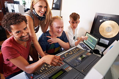 Buy stock photo Recording studio, happy and portrait of producer for music, radio song and track with musical instruments. Technology, audio production and men and women with sound engineer or technician for media