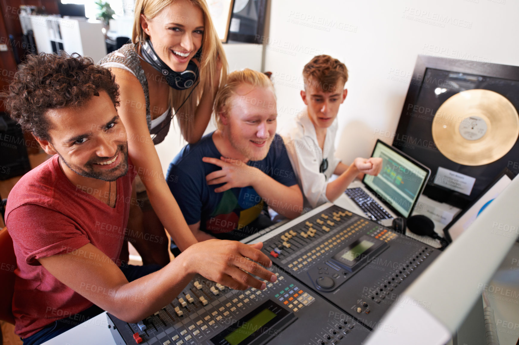 Buy stock photo Recording studio, happy and portrait of producer for music, radio song and track with musical instruments. Technology, audio production and men and women with sound engineer or technician for media