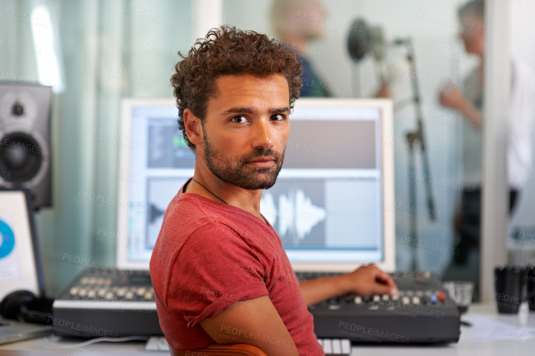 Buy stock photo Portrait, music and a man producer in a recording studio mixing audio with a sound desk. Computer, tech or media with a serious young DJ or engineer creating art for production or entertainment