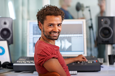 Buy stock photo DJ, radio technician and recording studio portrait with a man and music producer with tech and computer. Sound engineer, audio and media editor with a professional in musician booth with synthesizer