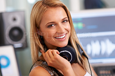 Buy stock photo Audio engineer woman, portrait and happy by pc, headphones and listening in recording studio for music. Musician, artist and producer by sound tech for wave analysis, smile or entertainment industry