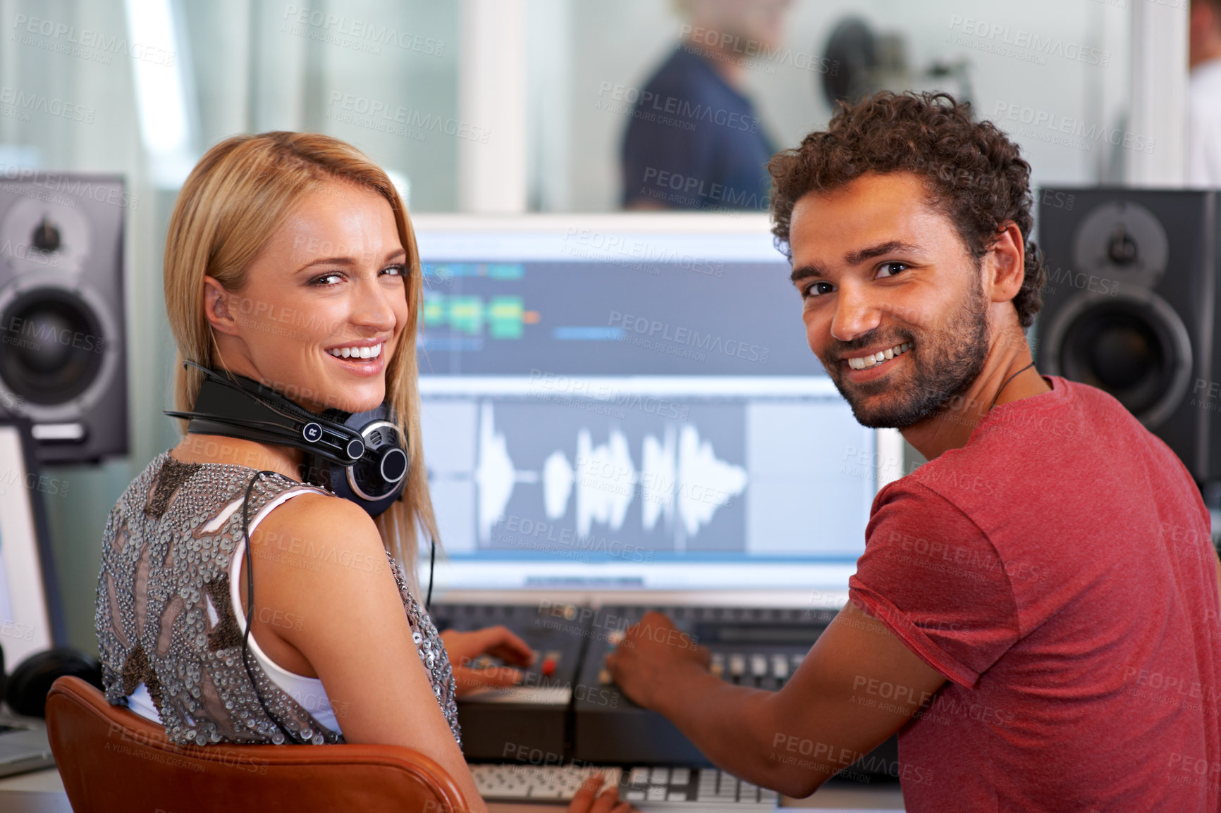 Buy stock photo Man, woman and audio engineer with computer, portrait and headphones in recording studio for music. Musician, artist and producer with sound tech for wave analysis, smile and mixer with creativity