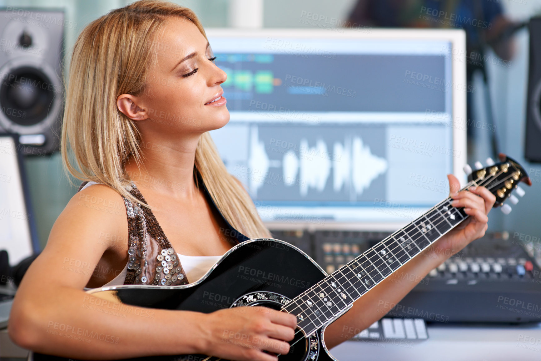 Buy stock photo Woman, guitar and creative in recording studio for music with smile, ideas and computer for art, album or song. Musician, artist and instrument with pc for sound, audio and happy for entertainment
