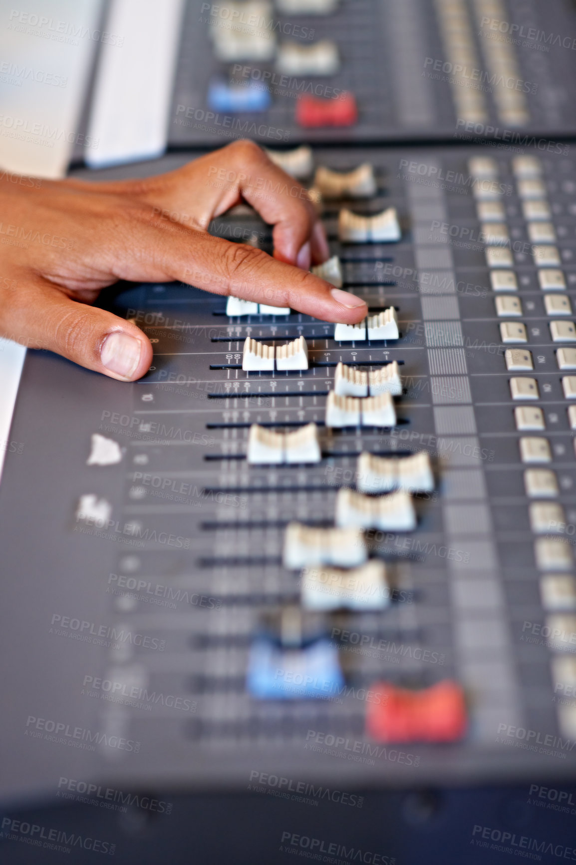 Buy stock photo Recording studio, hand and mixing on sound board with dj, technology and media on desk. Music, editing or person with equipment for audio, production and moving switch on console for radio or song