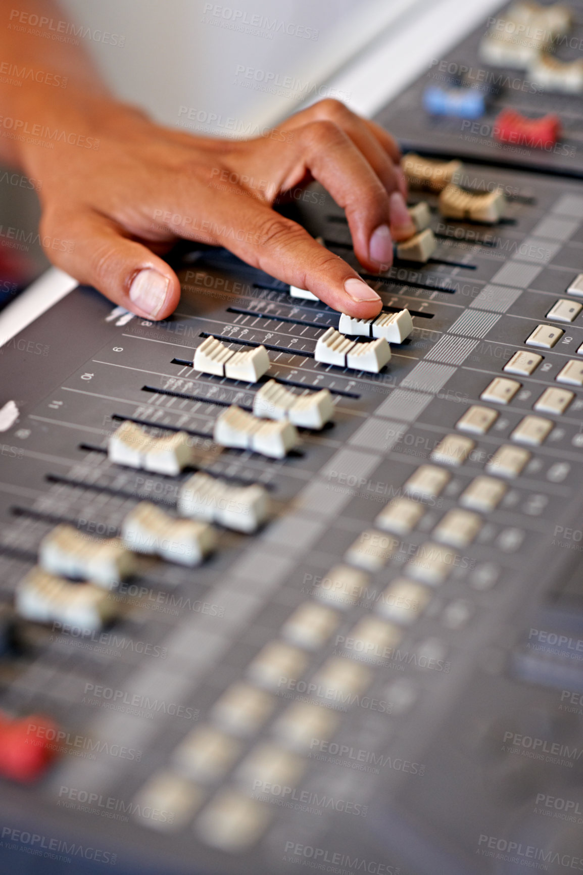 Buy stock photo Recording studio, hand and mixing on sound board with dj, technology and media on desk. Music, editing or person with equipment for audio, production and moving switch on console for radio or song