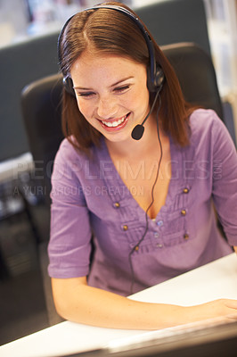 Buy stock photo Call center, computer and happy business woman reading telemarketing report, telecom info or tech support review. Help desk customer care, ecommerce data and agent smile for online advisory feedback