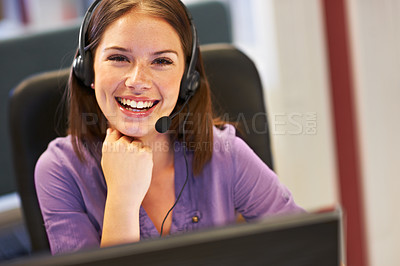 Buy stock photo Customer service smile, portrait or business woman for startup consultancy job, ecommerce secretary or tech support. Contact us help desk, receptionist face and consultant in lead generation career