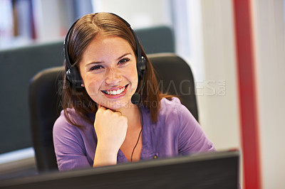 Buy stock photo Customer support smile, portrait or professional woman, receptionist or agent for hotel administration job, work or services. Contact us help desk, secretary face and reception worker pride in career