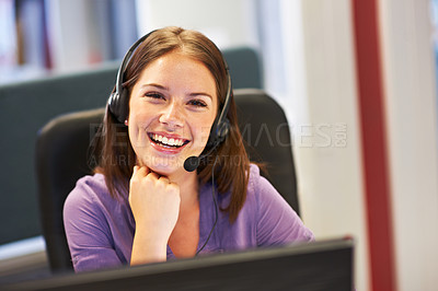 Buy stock photo Customer service smile, portrait or professional woman, receptionist or agent for startup admin job, tech support or ecommerce. Contact us help desk, secretary face or sales person in lead generation