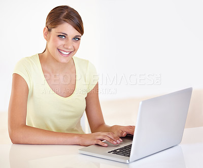 Buy stock photo Woman, remote work and portrait with laptop in home to update blog post, social media and digital subscription. Happy freelancer typing on computer for online shopping, email and tech at mockup space