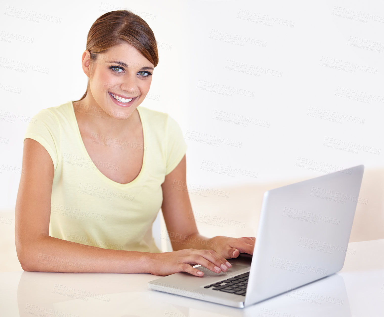 Buy stock photo Woman, remote work and portrait with laptop in home to update blog post, social media and digital subscription. Happy freelancer typing on computer for online shopping, email and tech at mockup space