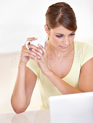 Buy stock photo Woman, laptop and coffee in home for remote work, reading social media blog post and watch movies. Freelancer, drinking tea and streaming multimedia on computer, subscription or web download at table