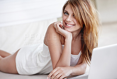 Buy stock photo Happy woman, portrait and relax with laptop for social media, networking or communication in bedroom. Face of attractive young female person or freelancer smile with computer for morning or wakeup