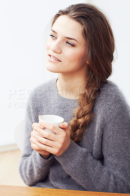 Buy stock photo Woman, coffee cup and thinking with smile, memory and ideas with vision, future and relax at desk. Girl, person and remember in cafe with drink, tea or coco with decision, question or wonder by table