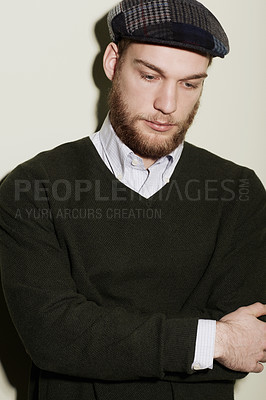 Buy stock photo Fashion, thinking and face of man with style, trendy clothes and modern outfit on studio background. Aesthetic, model and person with ideas, wondering and thoughtful with stylish, pride and handsome