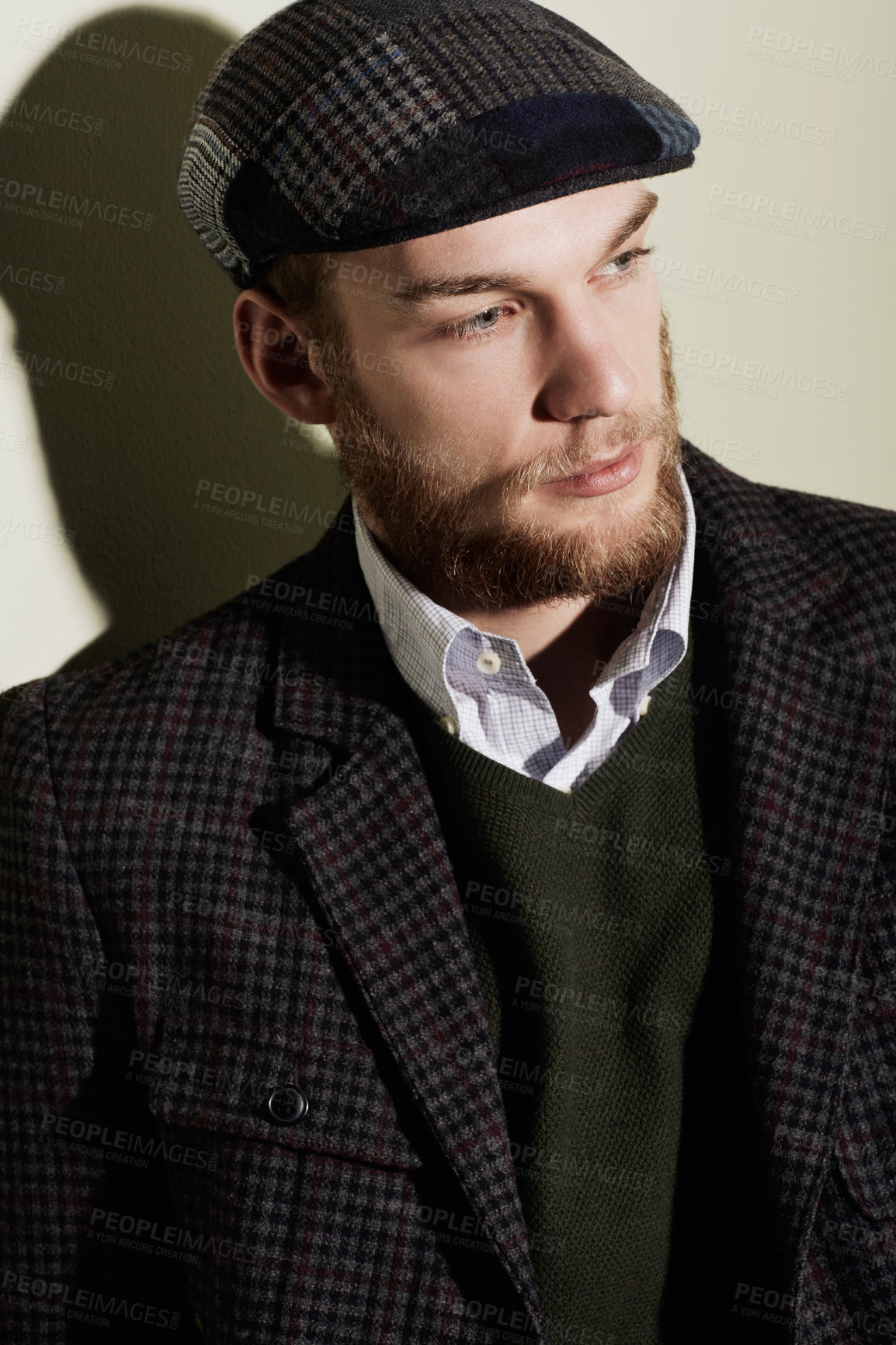 Buy stock photo Fashion, thinking and young man in a studio with classy, elegant and fancy retro outfit and hat. Serious, handsome and male person from Australia with vintage style and accessory by gray background.