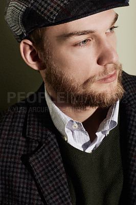 Buy stock photo Style, thinking and young man in a studio with classy, elegant and fancy outfit and hat. Serious, handsome and male person from Australia with fashion and accessory isolated by gray background.