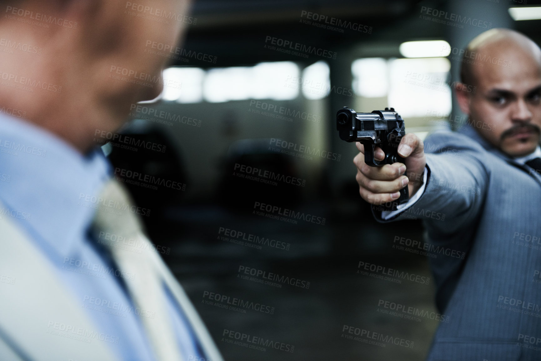 Buy stock photo Crime, parking lot and business man with gun point robbery, kidnap or ransom, danger or threat. Violence, gangster or mature male entrepreneur with fear, stress and anxiety for mafia, mob or terror