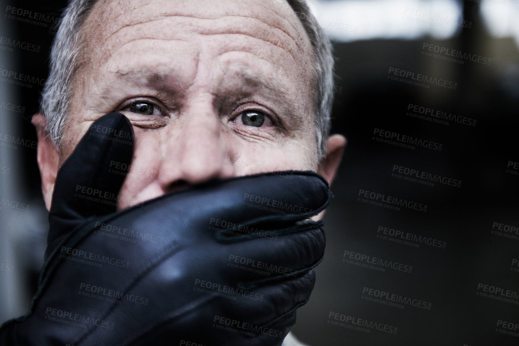 Buy stock photo Man, kidnap and hand cover mouth in portrait with fear, scared and horror for crime, ransom and abduction. Sad face of senior person with gangster or scary criminal for robbery, scam and hostage